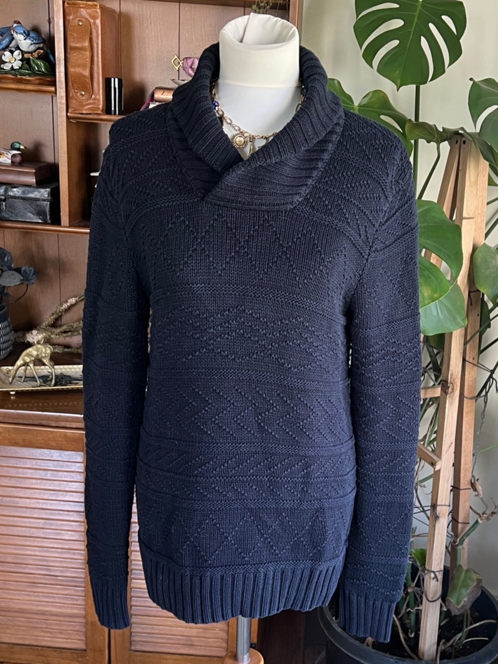 American Eagle Men's Shawl Collar Knit Cable Sweater - Navy S